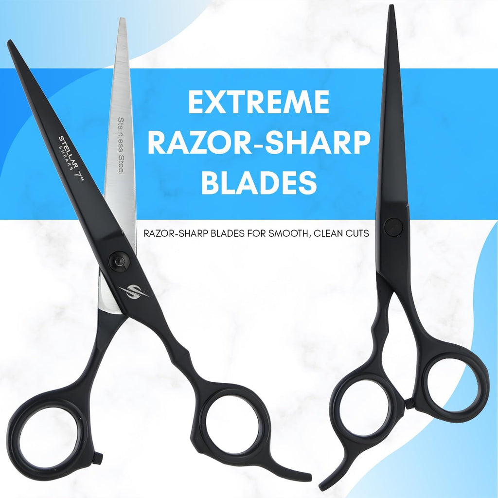 Hair Cutting Scissors Set – 7 Inch Razor-Sharp Barber Shears & Thinning Scissors, Comb & Case Ergonomic, Adjustable Tension (Matte Black Finish)