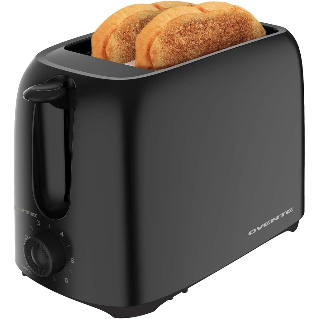 OVENTE Electric 2 Slice Toaster Machine with 6-Shade Browning Selector Setting, Compact Design and Removable Crumb Tray, 700W Power Perfect for Toasting Bread, Thin Bagels and Waffles, Black TP2210B