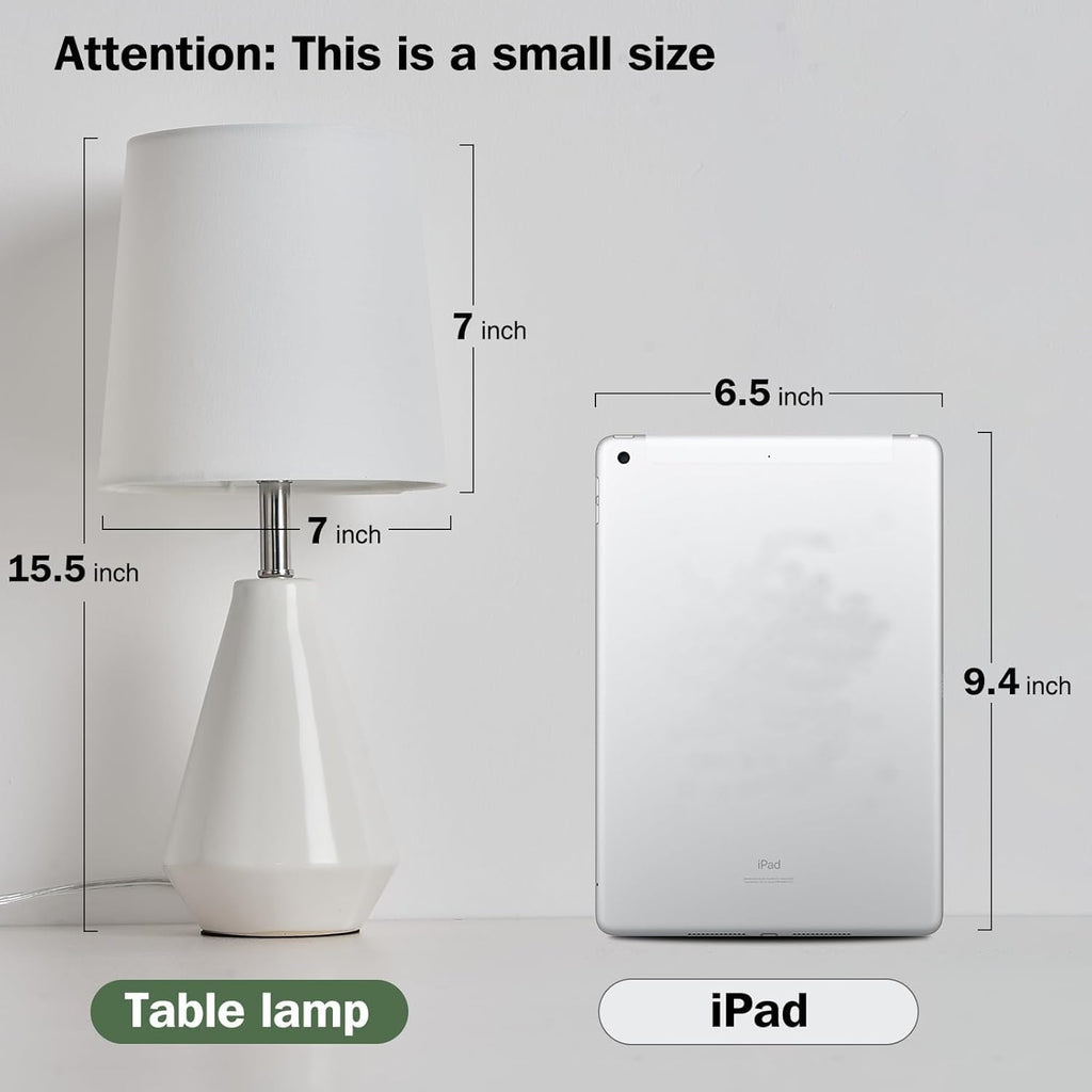 Small Bedside Table Lamp For Bedroom - Reading Desk Lamp With 3 Color Temperatures，15.5" Nightstand Ceramic Lamp With Fabric Shade For Kids Room,Living Room,Dorm,Home Office (White)