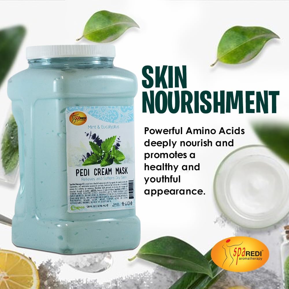 SPA REDI Cream Mask - Pedicure Massage for Tired Feet and Body, Hydrating, Fresh Skin - Infused with Hyaluronic Acid, Amino Acids, Panthenol, Comfrey Extract, Mint and Eucalyptus - 1 GAL