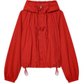Xunger Women'S Gathered Hooded Jacket Casual Loose Fit Bow Detail Coat Drawstring Hem Long Sleeve Outerwear With Pockets
