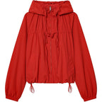 Xunger Women'S Gathered Hooded Jacket Casual Loose Fit Bow Detail Coat Drawstring Hem Long Sleeve Outerwear With Pockets