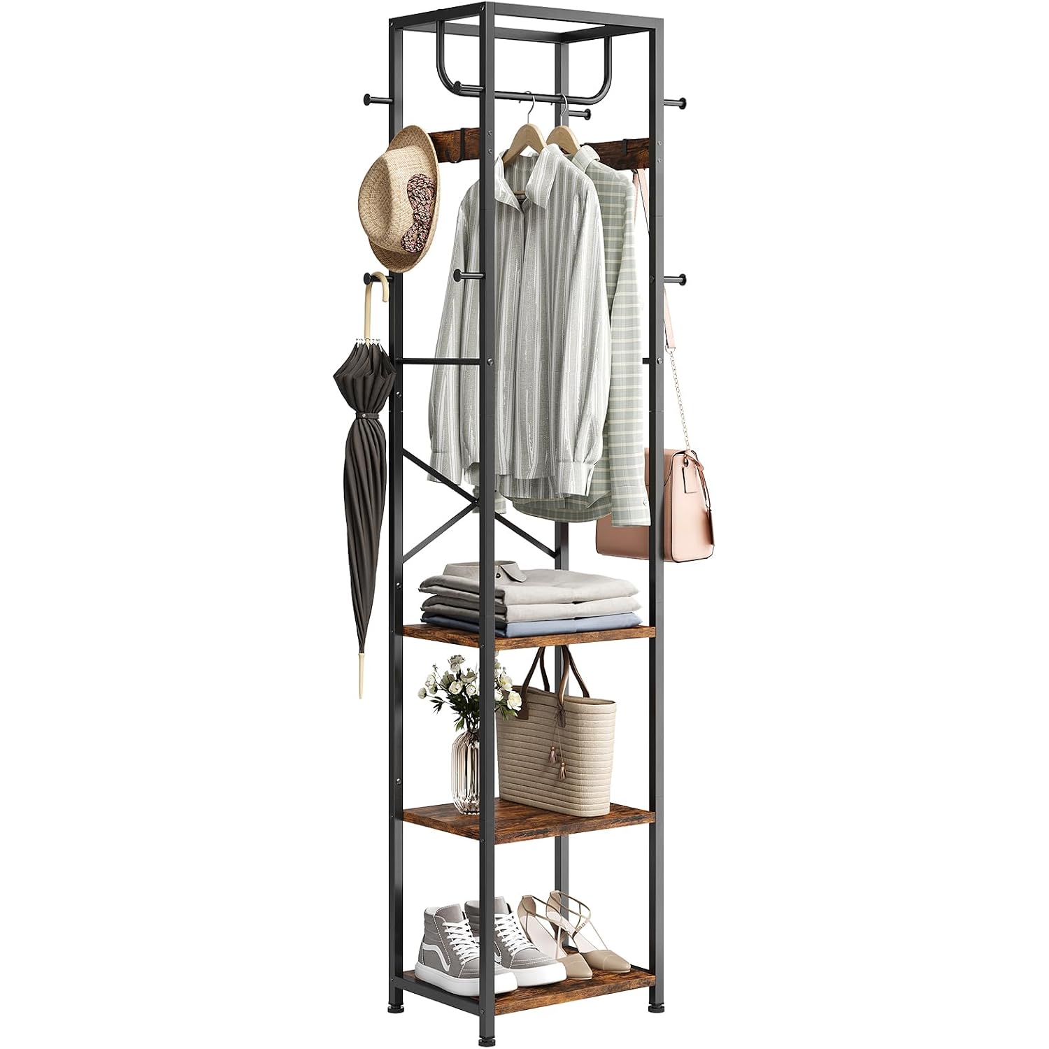 Coat Rack Freestanding, Hall Tree With 3 Shelves And 12 Hooks, Rustic Brown | Industrial Metal Frame, Space-Saving Design, Clothes Rack Stand Organizer For Bedroom, Hallway, Entryway, Office, Living Room