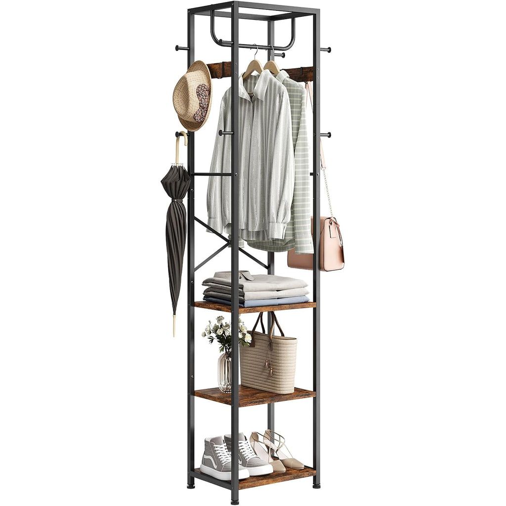 Coat Rack Freestanding, Hall Tree With 3 Shelves And 12 Hooks, Rustic Brown | Industrial Metal Frame, Space-Saving Design, Clothes Rack Stand Organizer For Bedroom, Hallway, Entryway, Office, Living Room