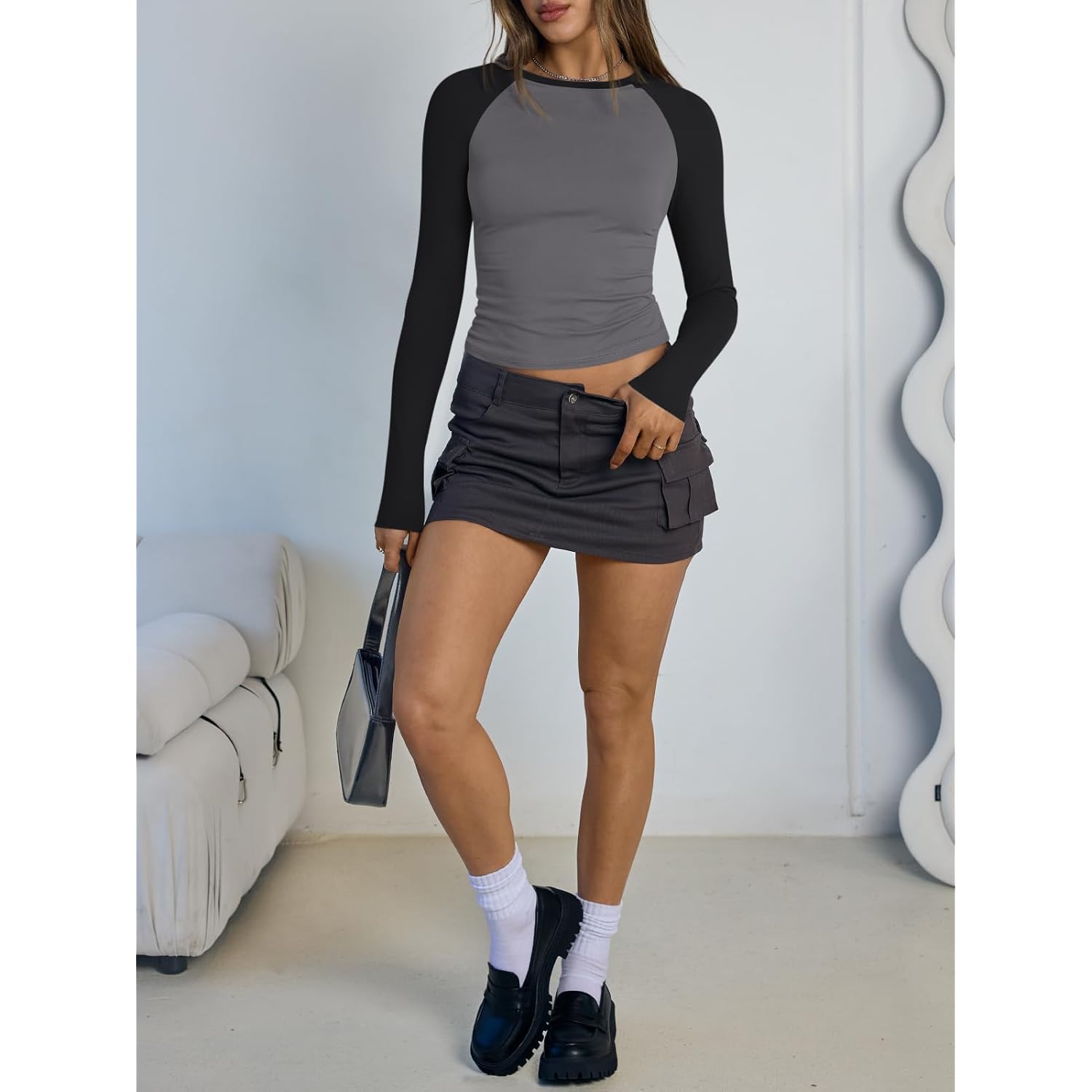 Trendy Queen Women'S Long Sleeve Shirts Slim Fit Stretchy Color Block Slightly Cropped Tops