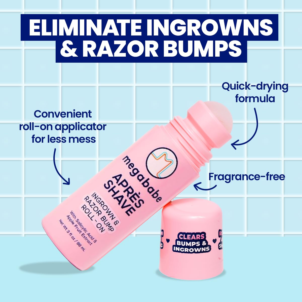 Megababe Après Shave (3.0 fl oz) | Post-Shave & Waxing | Vacation and Hot Weather Must-Have | Ingrown Hair & Razor Bump Roll-On Treatment for Women | Bikini, Armpits & Legs