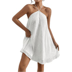 Makemechic Women'S Halter Dress Summer White Beach Mini Backless Flowy Short Dress
