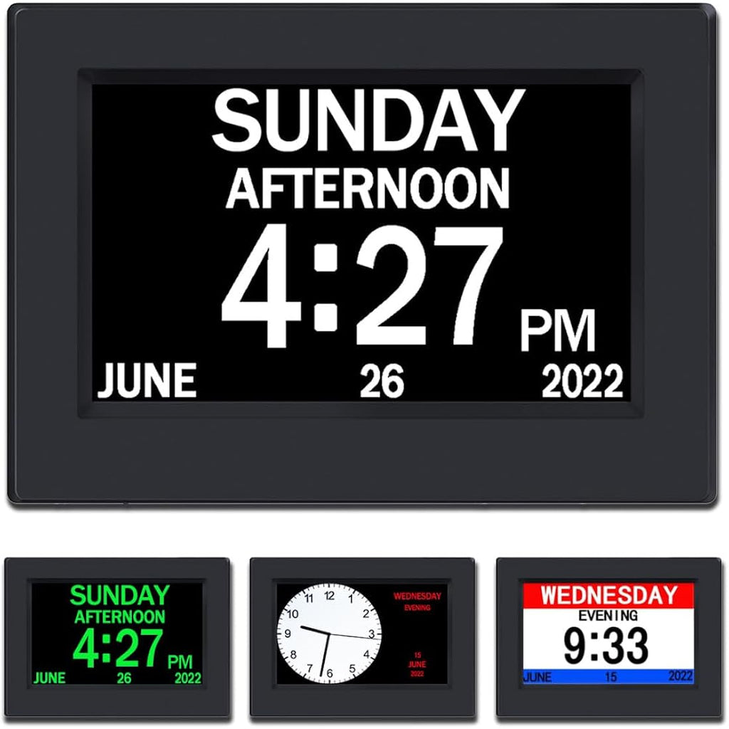 Ainftime Dst Clock With Day And Date For Elderly-3 Display Digital Calendar Alarm Day Dementia Alzheimers Clock With Extra Large Display (7In Black)