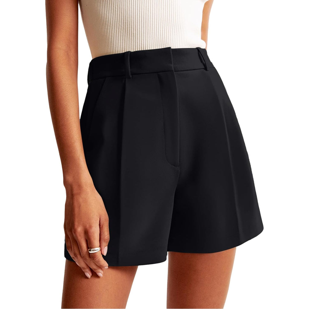 Womens Shorts Dressy High Waisted Wide Leg Tailored Shorts Pleated Business Casual Work Trouser Shorts Without Belts