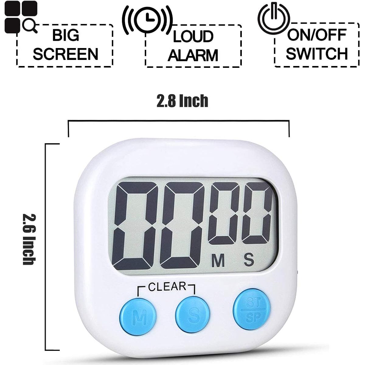 2 Pack Digital Kitchen Timer For Cooking Big Digits Loud Alarm Magnetic Backing Stand Cooking Timers For Baking White