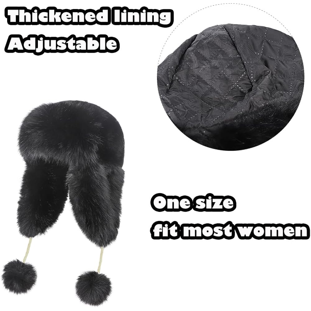 Women Faux Fur Trapper Hat with Pompoms Warm Classic Ear Flaps Hat Fuzzy Bobble Cap Warm Outdoor Ski Snow Cap