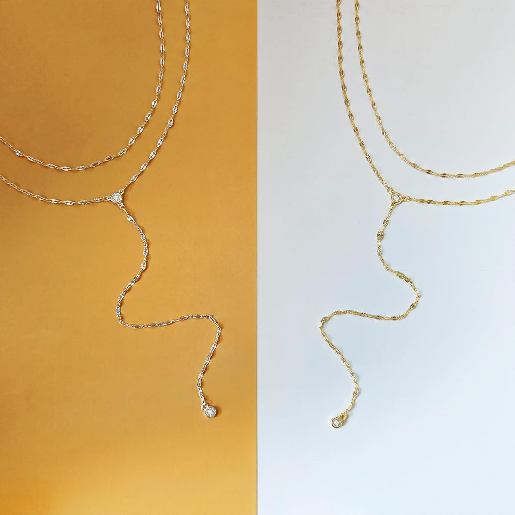 Airmb Lariat Silver/Gold Necklace for Women 925 Silver/14K Gold Plated Dainty Long Necklace Y-Shaped Drop Pendant Necklaces Choker Trendy Chain Simple Layered Necklaces CZ Jewelry for Women Set Gift