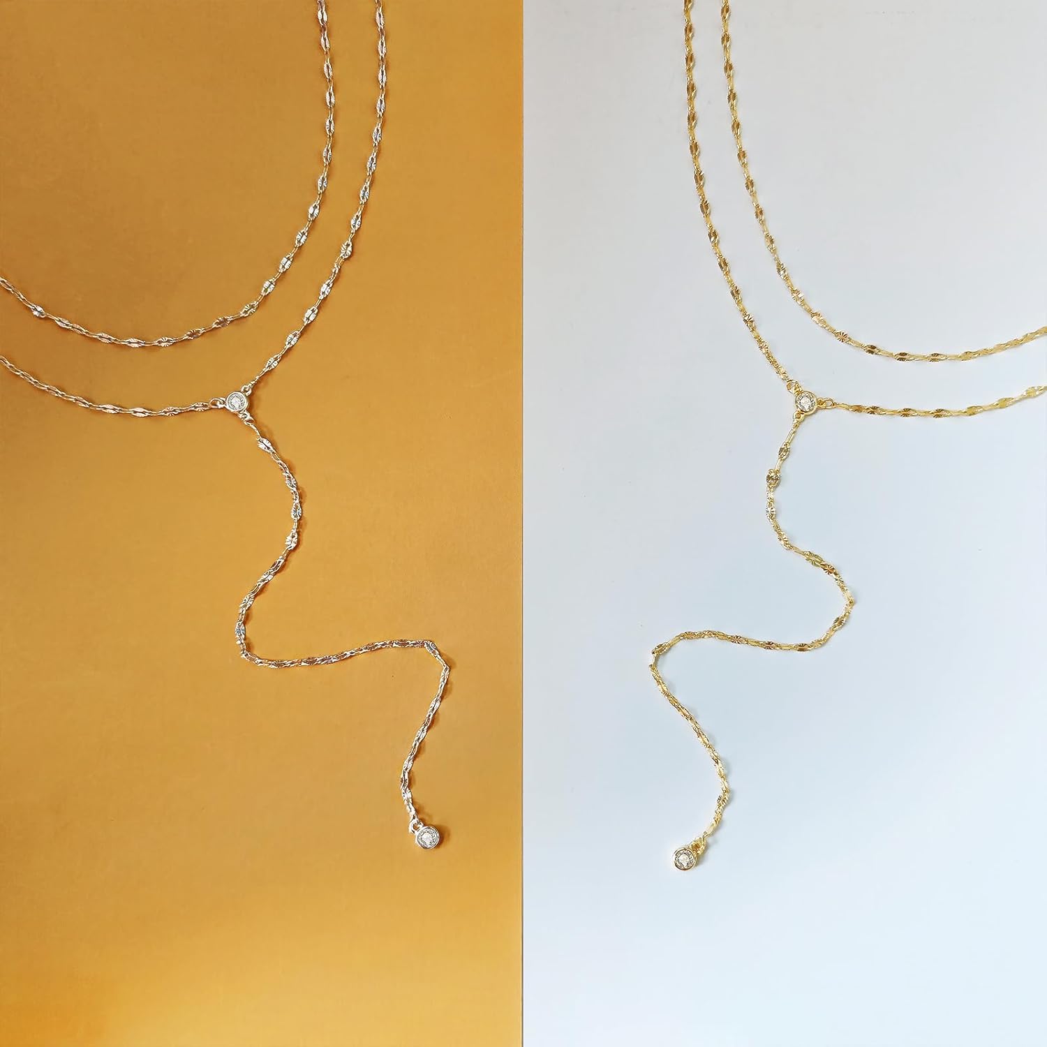 Airmb Lariat Silver/Gold Necklace for Women 925 Silver/14K Gold Plated Dainty Long Necklace Y-Shaped Drop Pendant Necklaces Choker Trendy Chain Simple Layered Necklaces CZ Jewelry for Women Set Gift