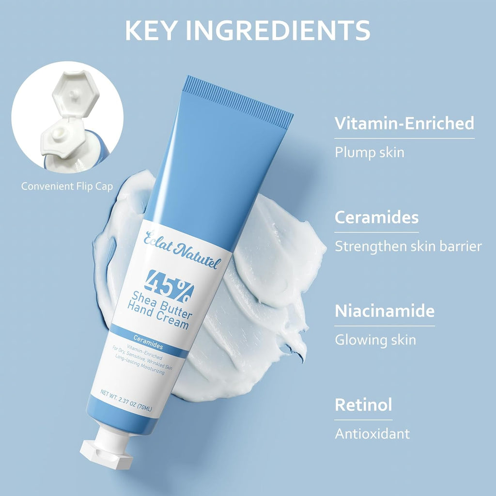 Shea Butter Hand Cream, Made with 45% Shea Butter Moisturizer for Dry Hands, Vitamin E Niacinamide Ceramide Hand Lotion, Radiant Nourish Moisturizing Cream, 2.37 Fl Oz