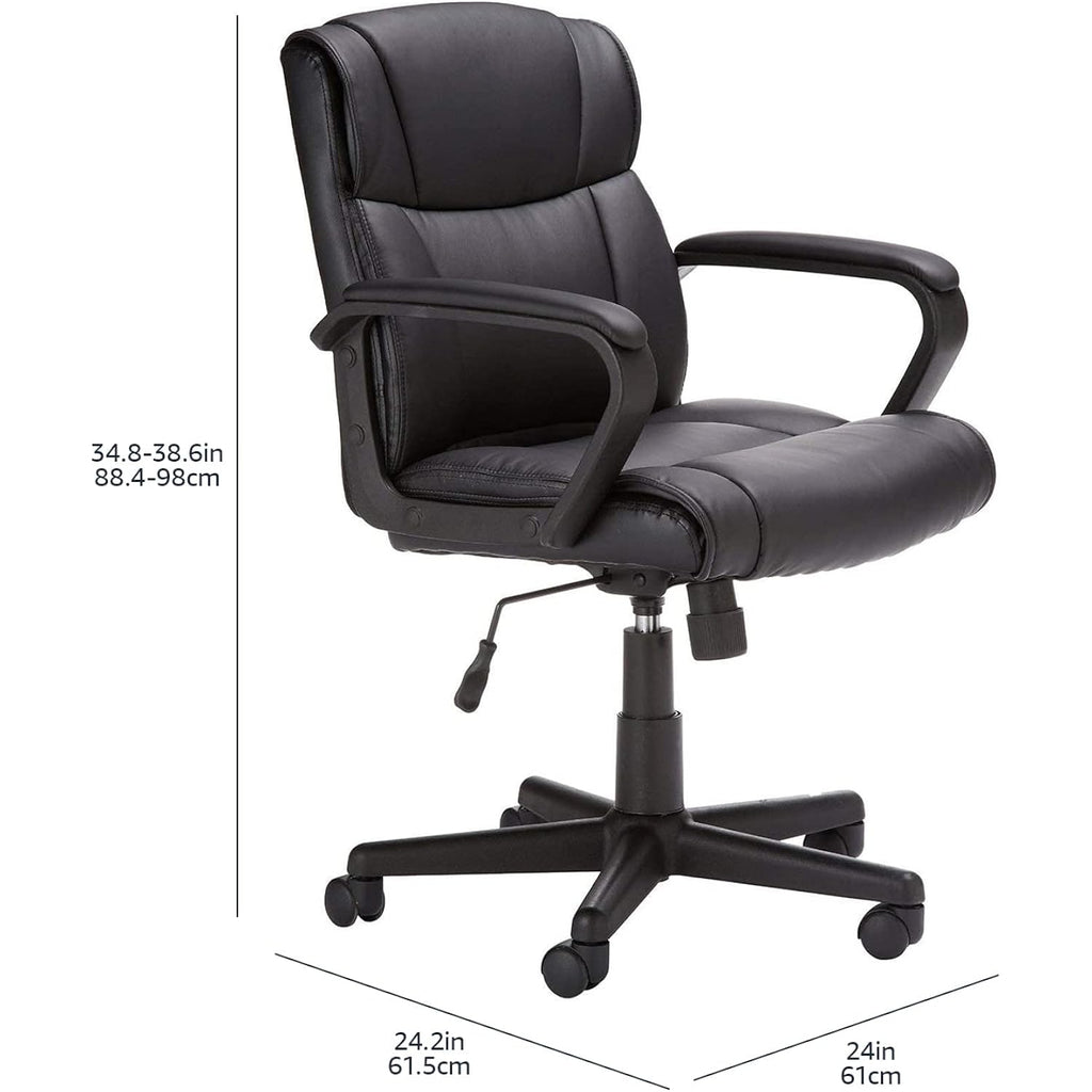 Amazon Basics Office Task Chair With Adjustable Height, 360° Swivel, Padded Armrests, Mid-Back, Rolling, 275 Pound Capacity, 24.2"D X 24"W X 34.8"H, Black Faux Leather