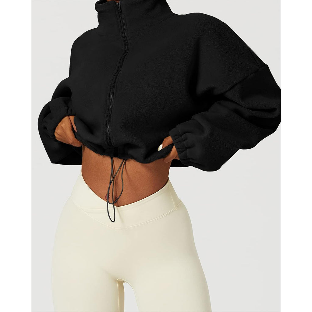 Qinsen Women'S Full Zip Fleece Short Jacket Warm Winter Long Sleeve Stand Collar Sherpa Crop Coat