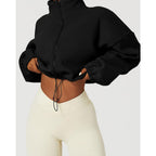Qinsen Women'S Full Zip Fleece Short Jacket Warm Winter Long Sleeve Stand Collar Sherpa Crop Coat