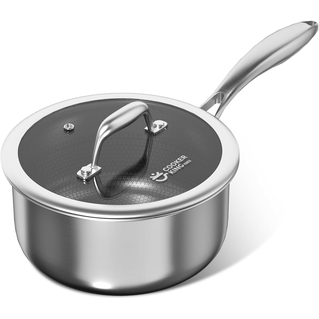 COOKER KING 2 Quart Stainless Steel Saucepan, Nonstick Sauce Pan, Ceramic Suce Pot with Tempered Glass Lid, Induction Pot Compatible with All Cooktops, Dishwasher & Oven Safe(PFAS/PFOA/PTFE Free)