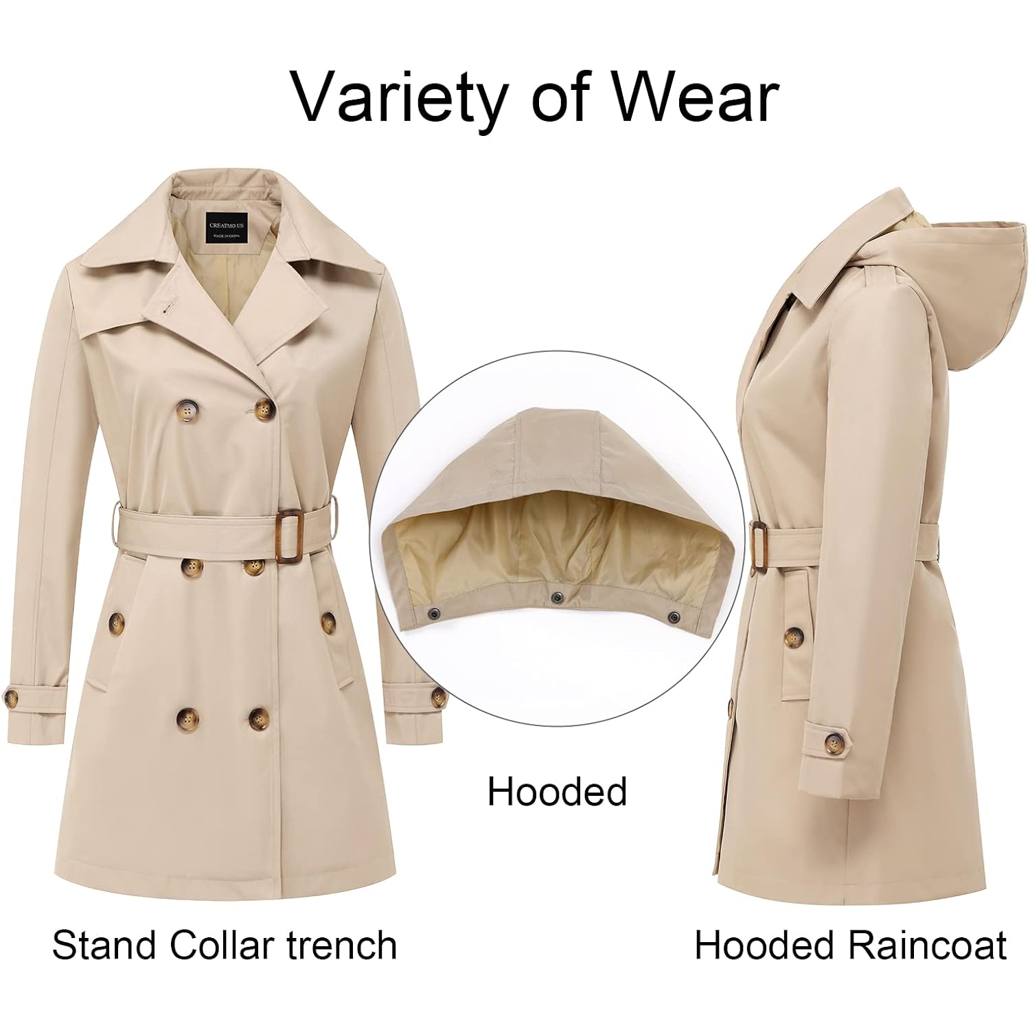Women'S Trench Coat Double-Breasted Classic Lapel Overcoat Belted Slim Outerwear Coat With Detachable Hood
