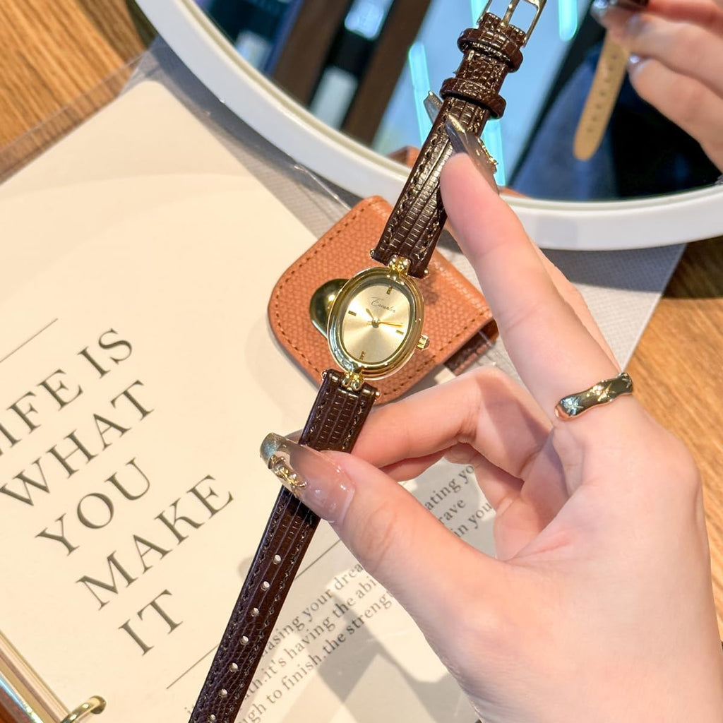 Womens Fashion Small Gold Oval Quartz Watches Vintage Leather Band Waterproof Luxury Casual Ladies Bracelet Wrist Watch Brown Black