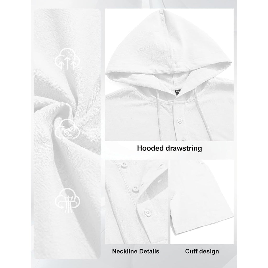 Men'S Cotton Linen Shirts Short Sleeve Casual Button Down Hoodies Summer Hawaiian Beach Top With Drawstring
