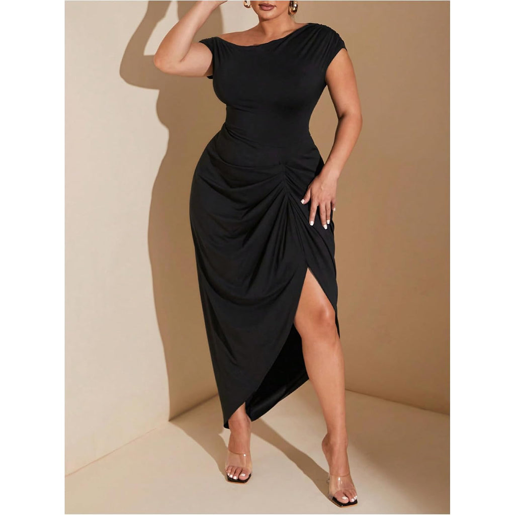 Floerns Women'S Plus Size Asymmetrical Neck Long Dress Ruched Slit Hem Cocktail Dress