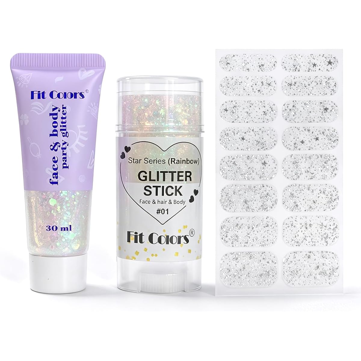 Sam Sugar Body Glitter Stick And Face Glitter Gel, Gel Nail Strips Chunky Glitter For Face, Body, Nails, No Lamp Needed, Long Lasting Sparkle Makeup For Party Festival(Rainbow 01#)