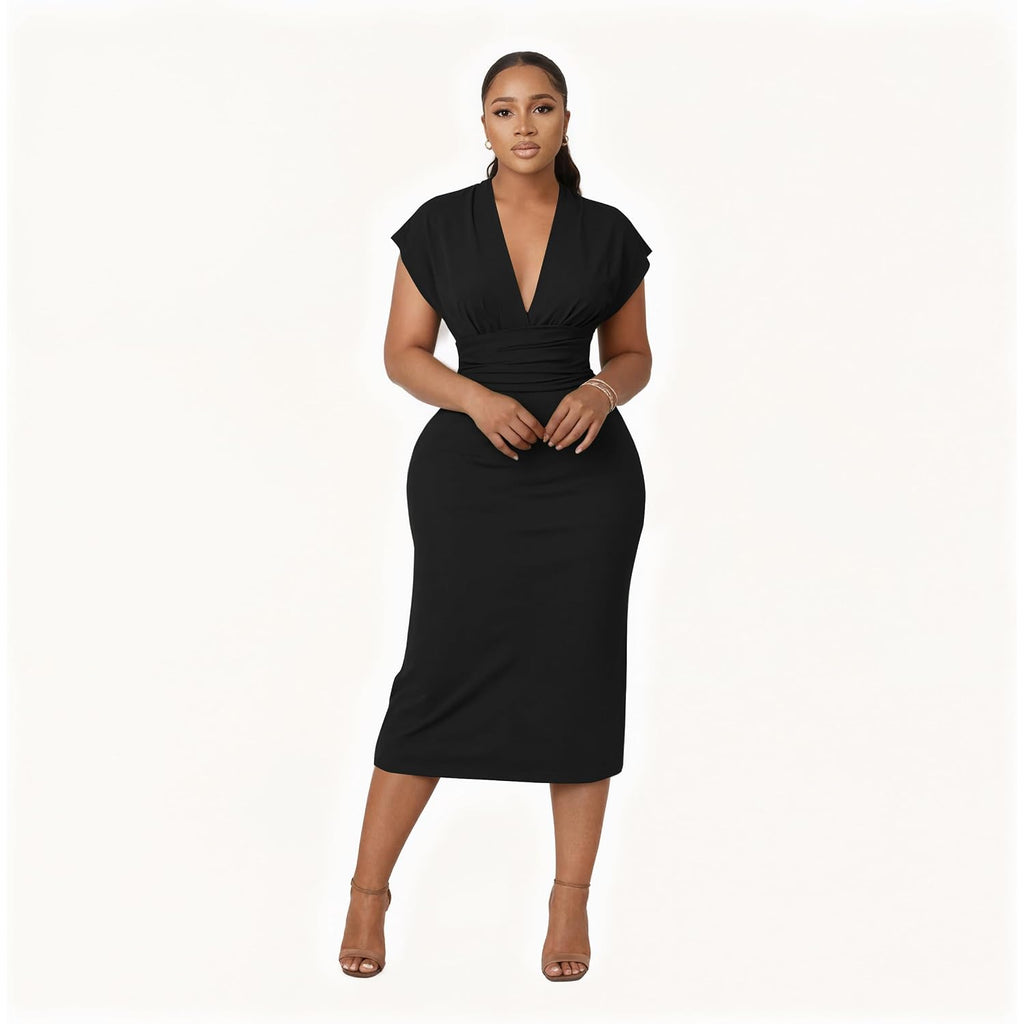 Women'S Bodycon Midi Dress Deep V-Neck Cap Sleeve Ruched High Waist Stretchy Dresses For Date Nights, Parties & Work