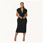 Women'S Bodycon Midi Dress Deep V-Neck Cap Sleeve Ruched High Waist Stretchy Dresses For Date Nights, Parties & Work