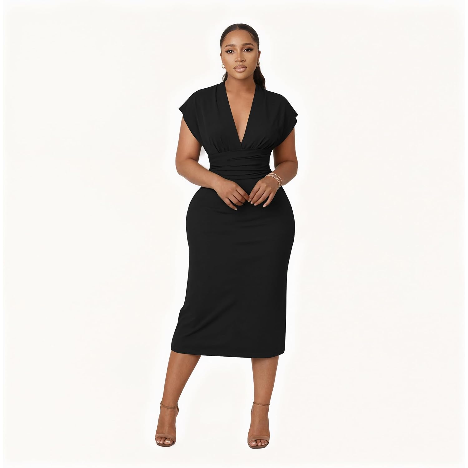 Women'S Bodycon Midi Dress Deep V-Neck Cap Sleeve Ruched High Waist Stretchy Dresses For Date Nights, Parties & Work