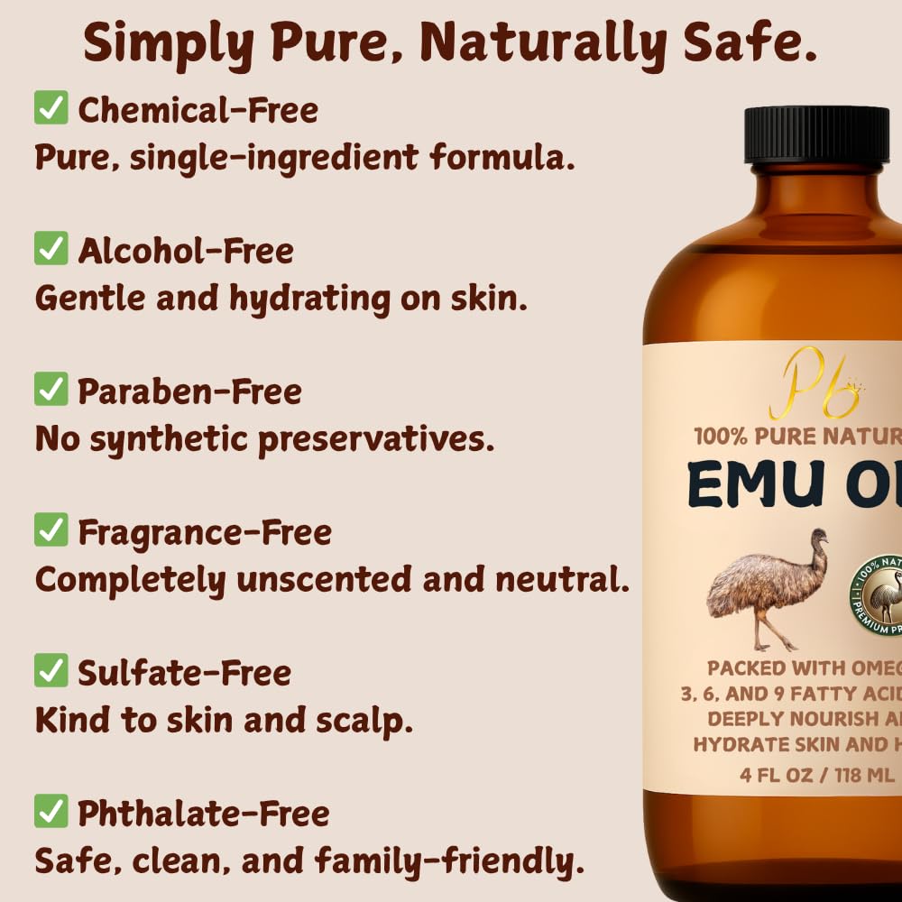 Pomberries Emu Oil, 100% Pure Australian Emu Oil – Refined & Unscented – Natural Moisturizer For Hair, Skin, Face & Body – Helps With Scars, Dry Skin & Massage – 4 Fl Oz Glass Bottle