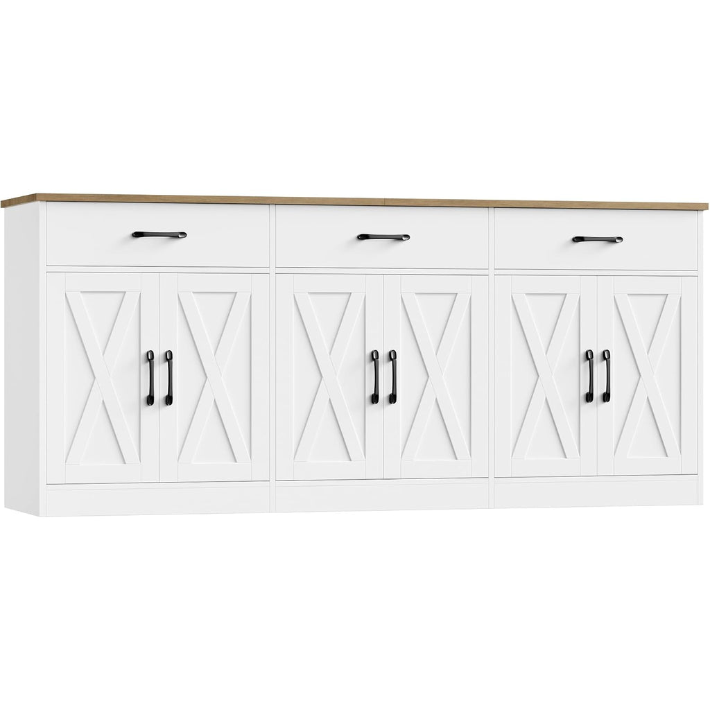 Hostack 71"W Farmhouse Kitchen Sideboard Buffet Cabinet With Storage, White | Large Coffee Bar Cabinet With 3 Wide Drawers, Long Buffet Table With Shelves, Kitchen Storage Cabinet For Dining Room