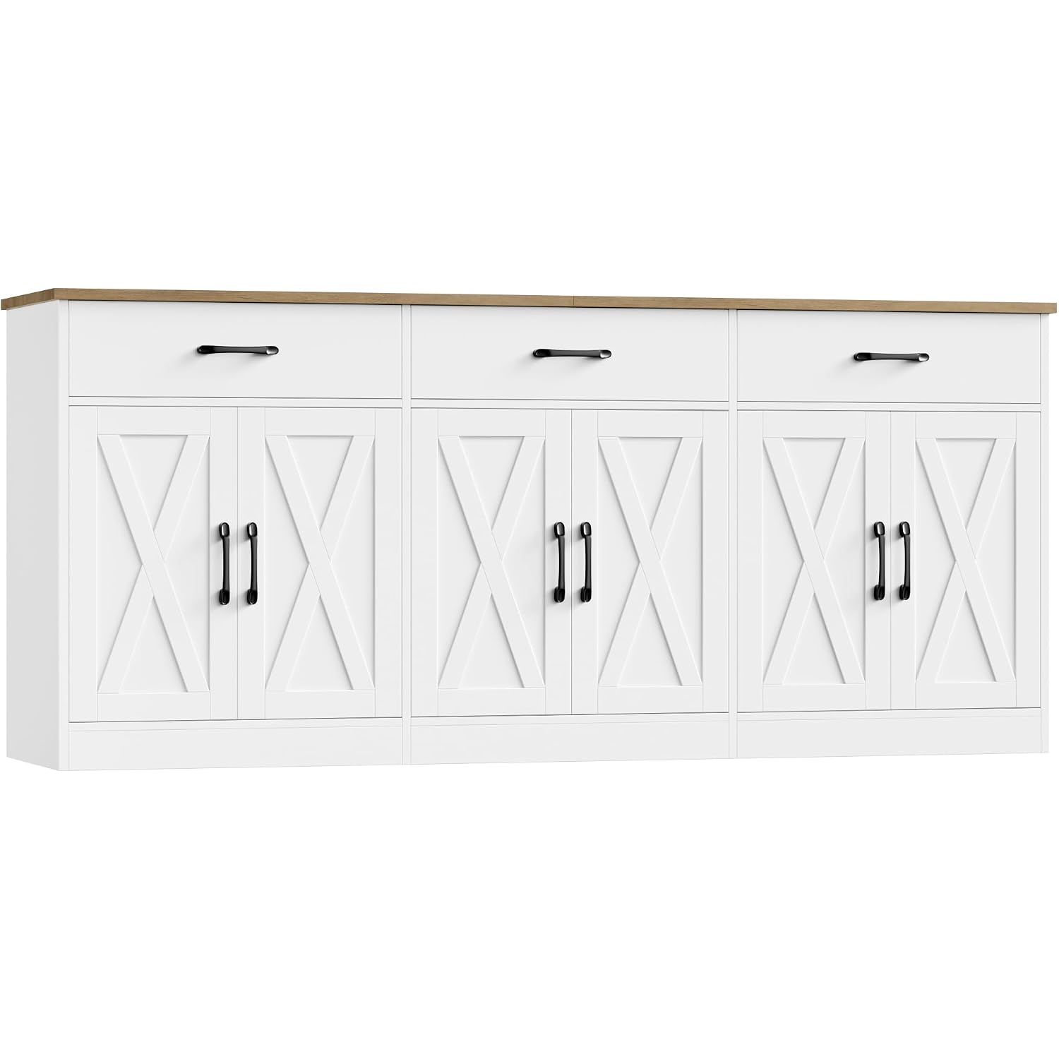 Hostack 71"W Farmhouse Kitchen Sideboard Buffet Cabinet With Storage, White | Large Coffee Bar Cabinet With 3 Wide Drawers, Long Buffet Table With Shelves, Kitchen Storage Cabinet For Dining Room