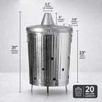 20-Gallon Galvanized Steel Incinerator Can With Lid & Vent Holes, High-Heat Outdoor Burn Bin For Leaves, Paper, Yard Waste & Garden Debris, Silver