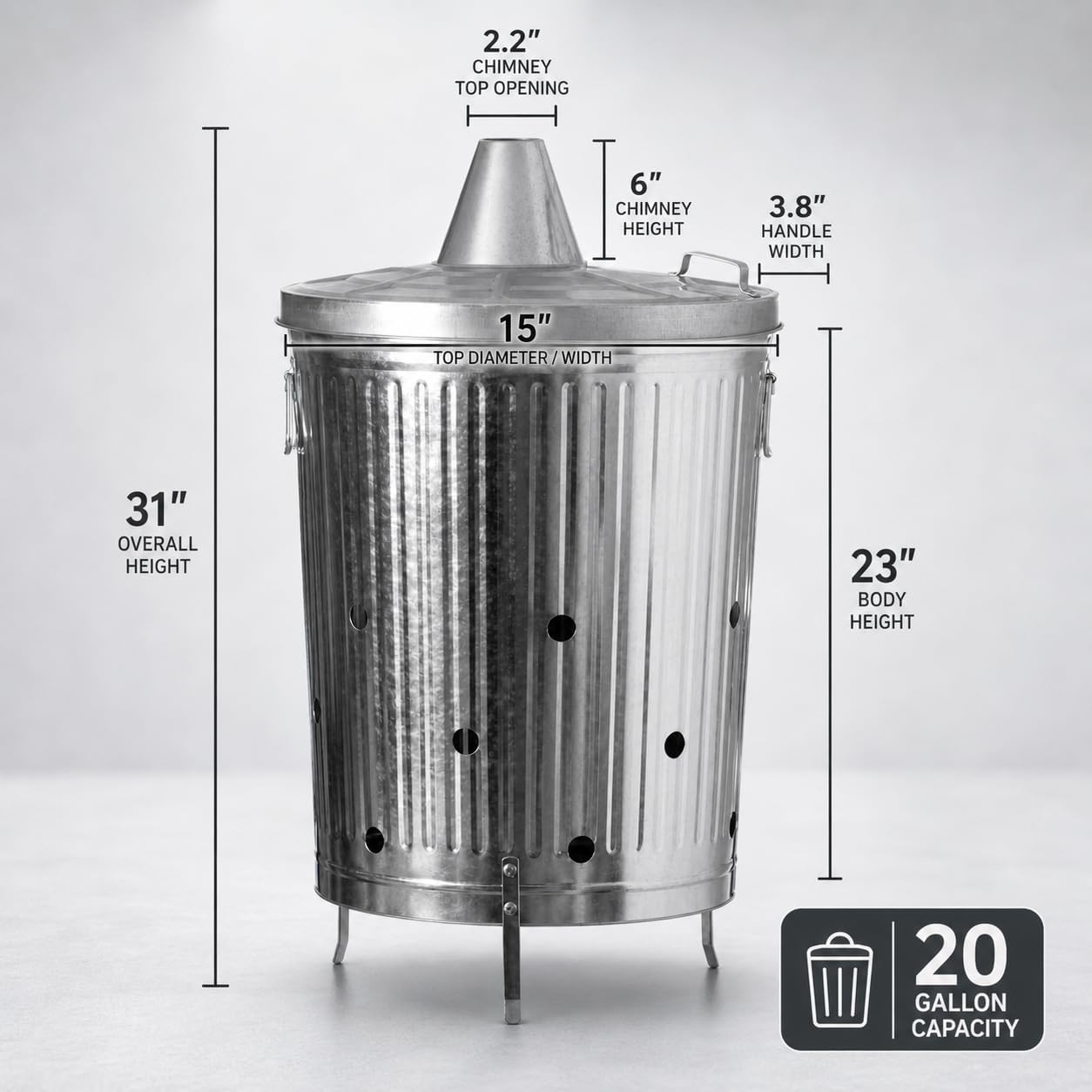 20-Gallon Galvanized Steel Incinerator Can With Lid & Vent Holes, High-Heat Outdoor Burn Bin For Leaves, Paper, Yard Waste & Garden Debris, Silver