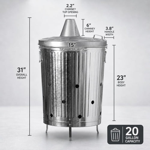 20-Gallon Galvanized Steel Incinerator Can With Lid & Vent Holes, High-Heat Outdoor Burn Bin For Leaves, Paper, Yard Waste & Garden Debris, Silver