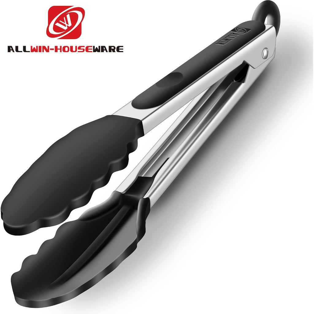 2 Pack Black Kitchen Tongs, Premium Silicone Bpa Free Non-Stick Stainless Steel Bbq Cooking Grilling Locking Food Tongs, 9-Inch & 12-Inch
