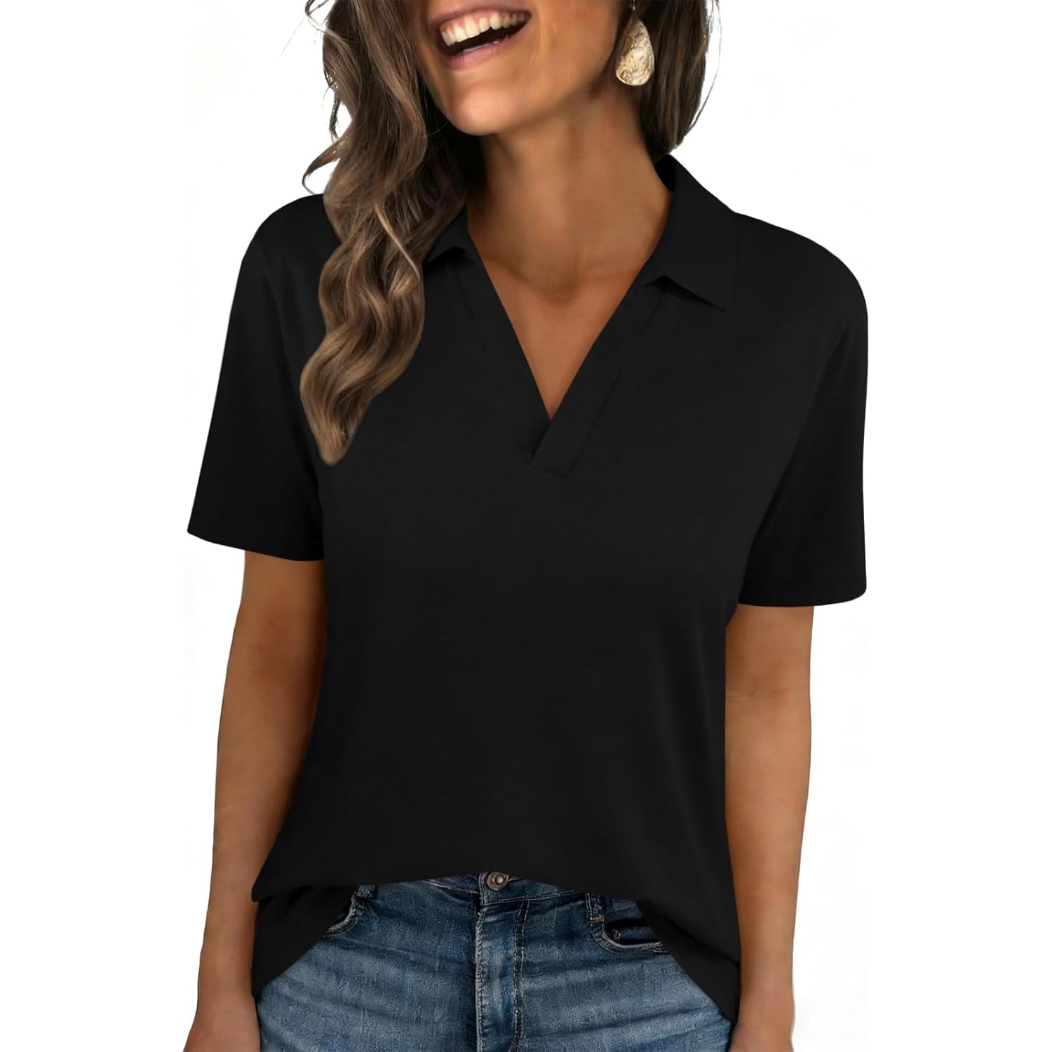 Womens Polo Shirts Short Sleeve V Neck Business Casual Collared Tops Summer Dressy Blouses