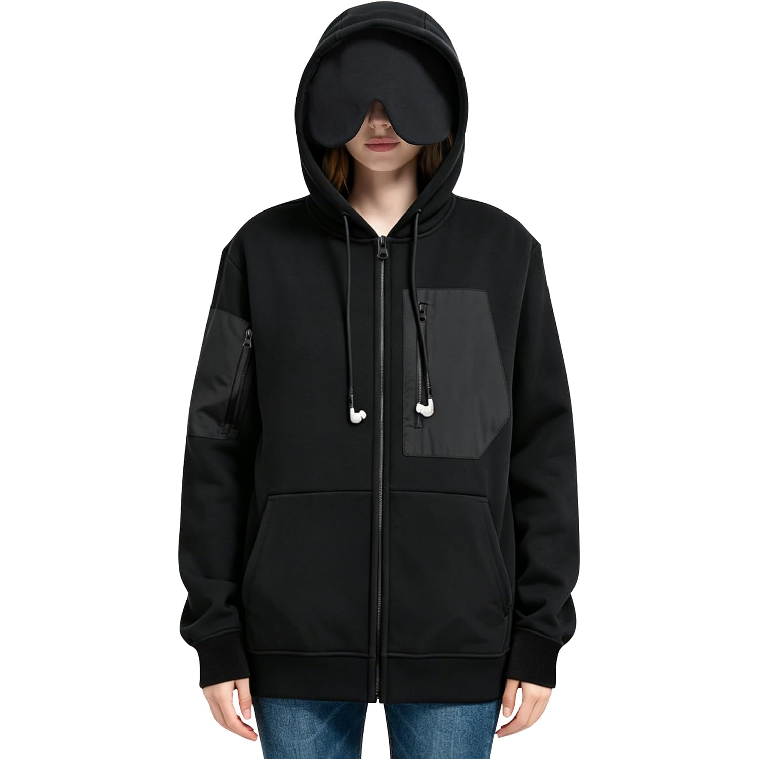 Travel Hoodie With Built-In Eye Mask For Airplane Travel Sleep Comfort Zipper Sweatshirt Breathable Multi Pockets