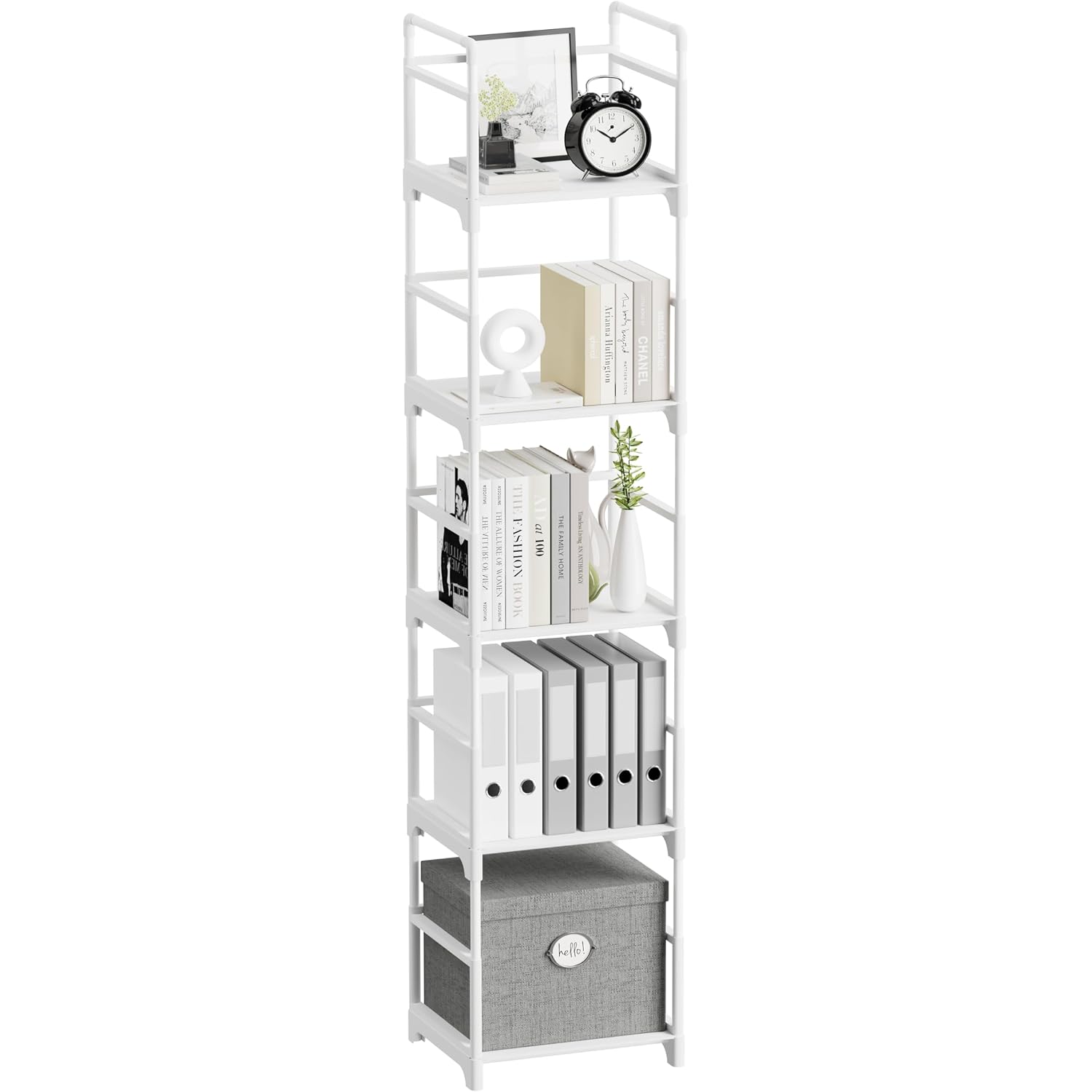 Fiducial Home 5 Tiers Narrow Bookshelf White Skinny Open Book Shelf | Slim Thin Small Spaces For Space Saving, Easy To Assemble, 12"L X 10"W X 57.2"H