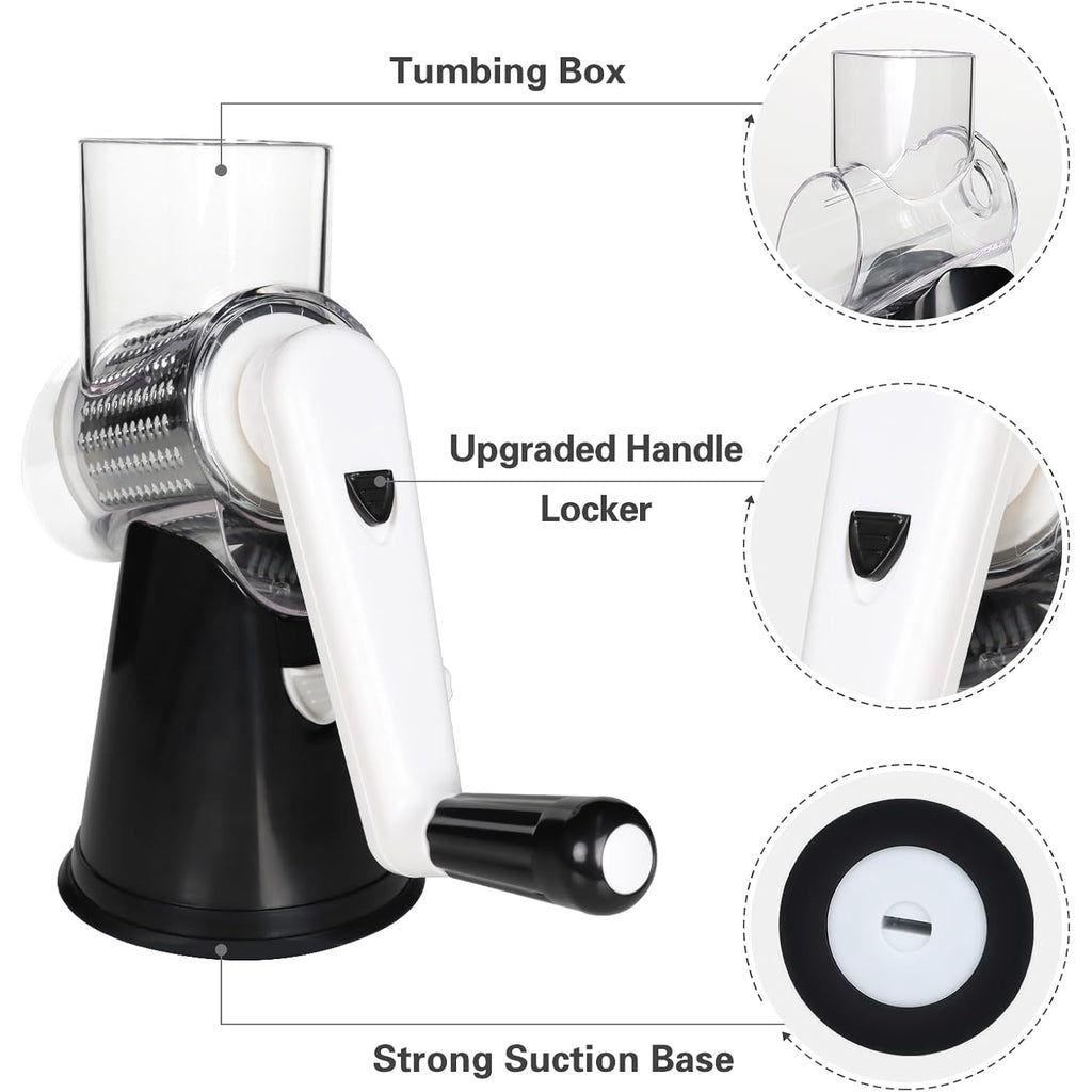 Cambom Rotary Cheese Grater Hand Crank Cheese Shredder For Fresh Cheese, Vegetable, Nuts,Non-Slip Suction Base, Three Blades, Black