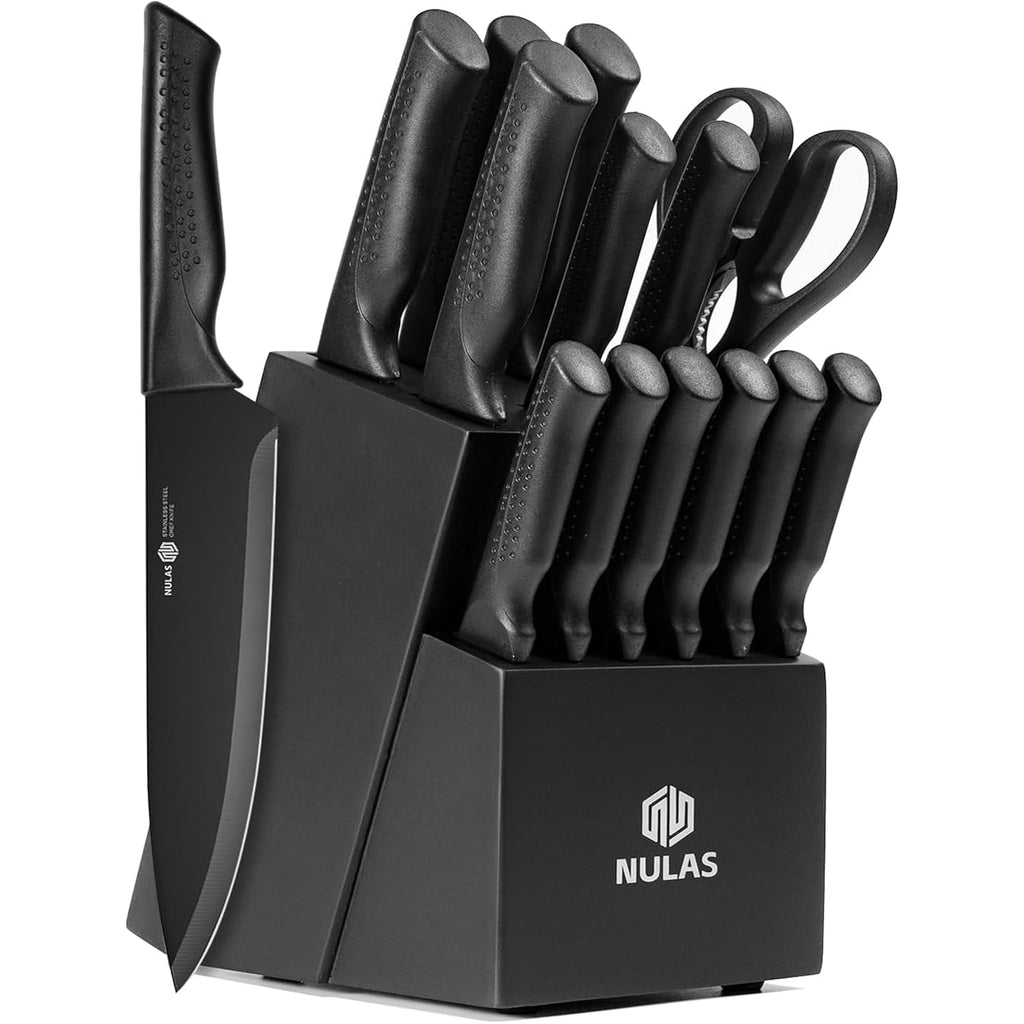 Knife Set, 15-Piece Kitchen Knife Set with Block and Built-in Sharpener, Dishwasher Safe, Non-slip Handle, 6 Steak Knives, Black