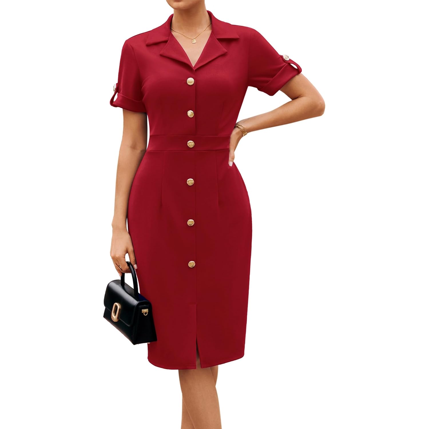 Work Dresses for Women 2026 Short Sleeve Button Bodycon Dress Pencil Office Midi Dress with Pockets