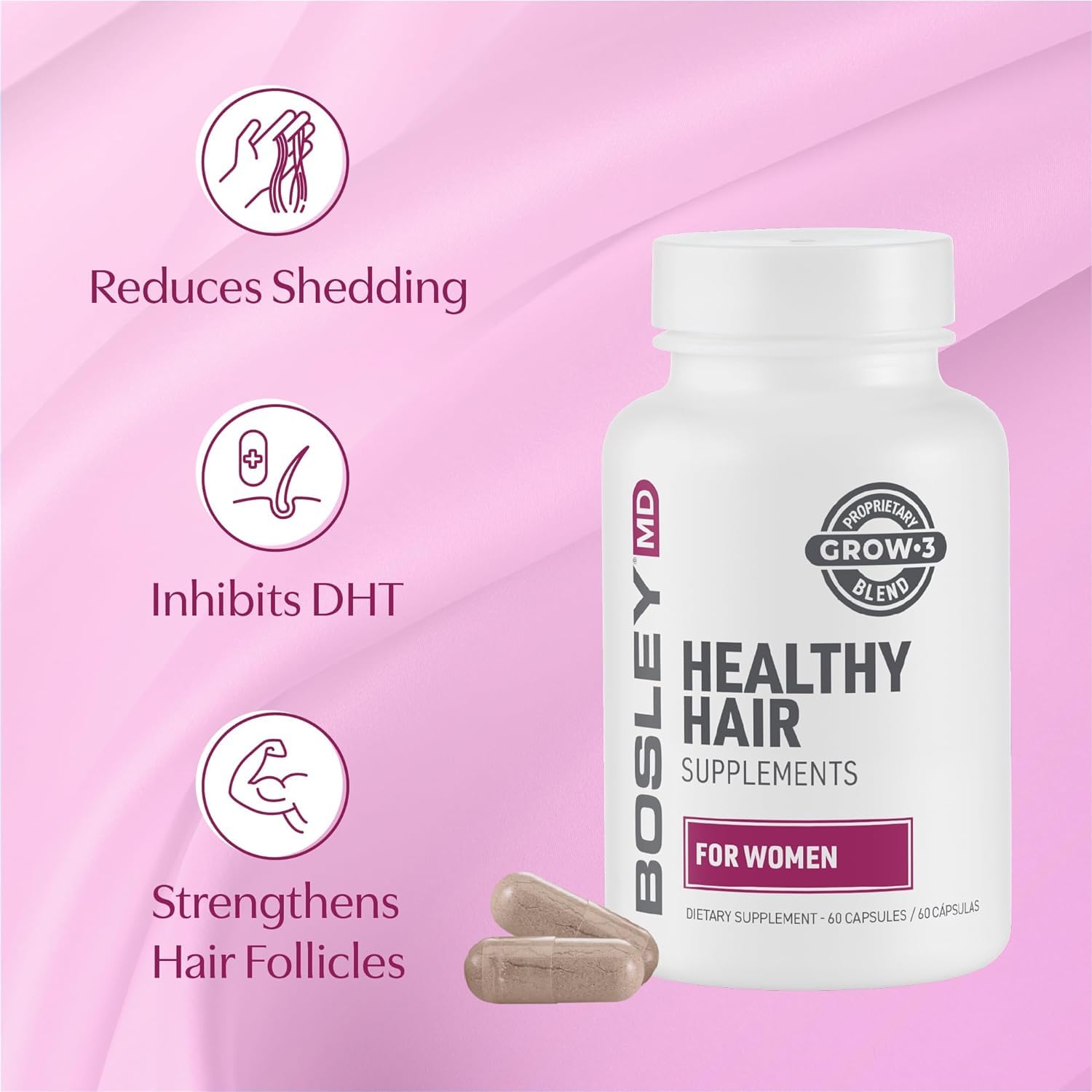 Bosleymd Women’S Healthy Hair Growth Supplements For Thicker, Fuller Hair– Dht-Blocking Botanicals With Biotin, Niacin, Zinc & L-Lysine – Rich In Vitamins & Minerals – 60 Capsules (2-Month Supply)