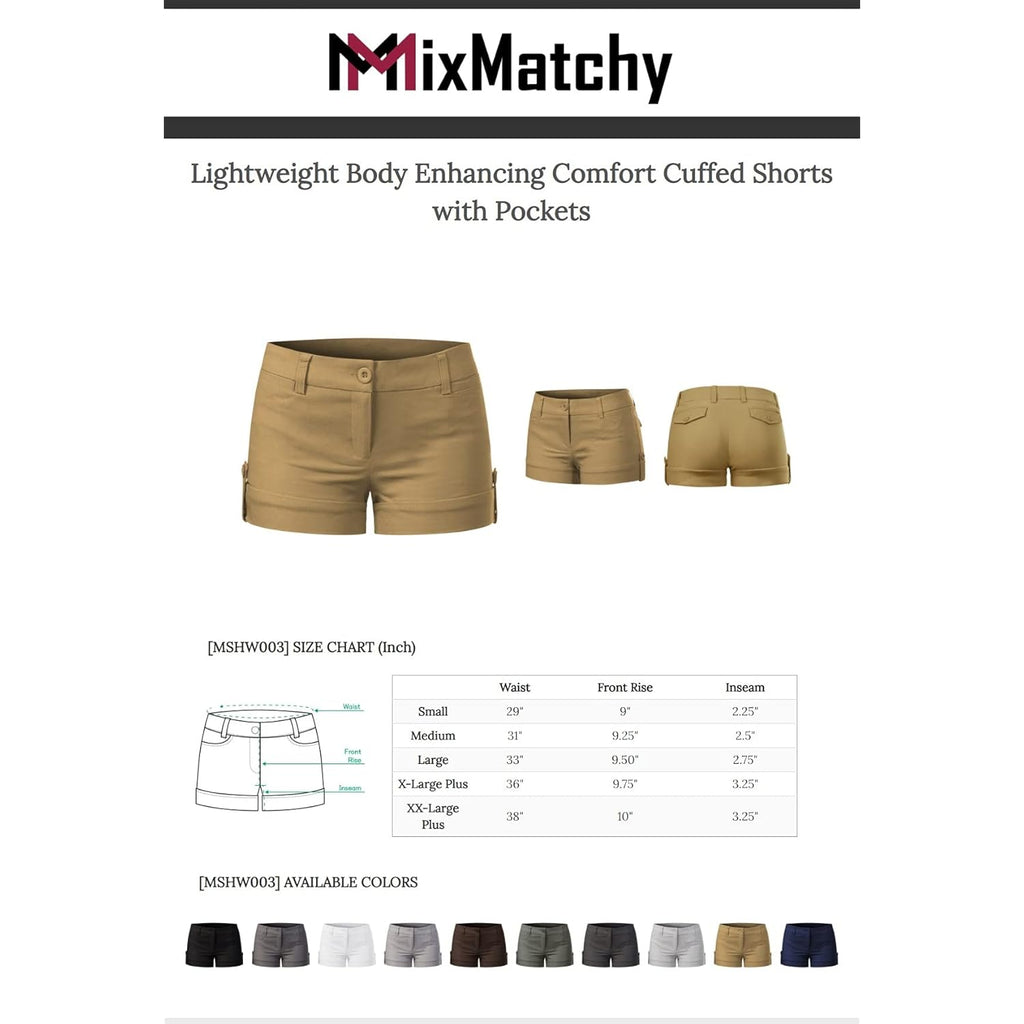 Women's Casual Body Enhancing Comfort Cuffed Shorts - Stretchy Mid-Rise Chino Style Shorts with Pockets
