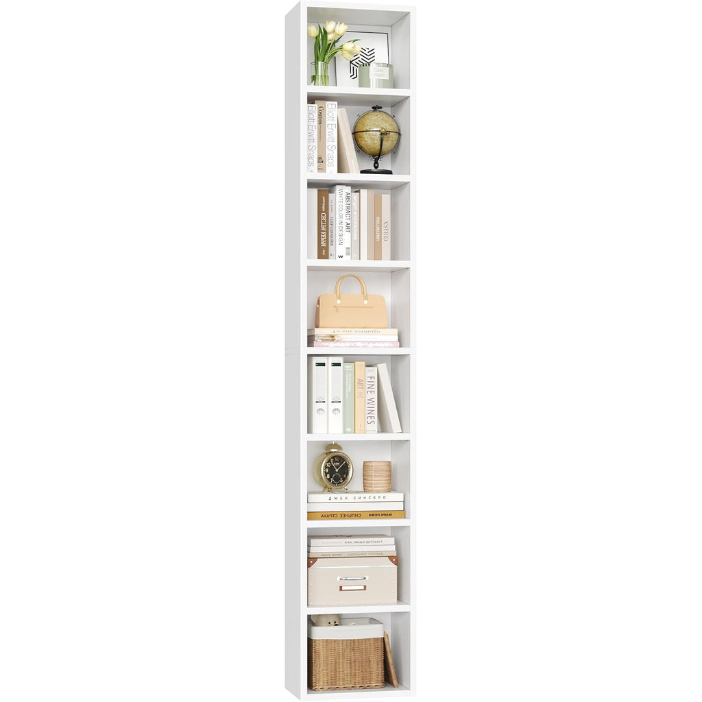Fotosok White Bookshelf 8-Tier Narrow Bookshelf, 11.6 X 9.3 X 70.9 Tall Cd Dvd Media Tower Rack With 4 Adjustable Shelves, Tall Narrow Bookcase Slim Display Bookshelf With Cube Storage For Home Office