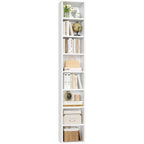 Fotosok White Bookshelf 8-Tier Narrow Bookshelf, 11.6 X 9.3 X 70.9 Tall Cd Dvd Media Tower Rack With 4 Adjustable Shelves, Tall Narrow Bookcase Slim Display Bookshelf With Cube Storage For Home Office