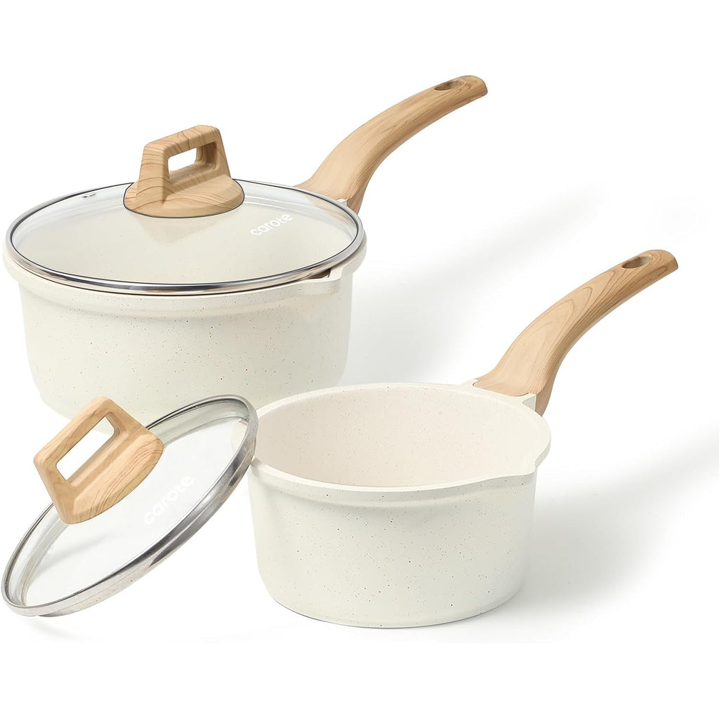 CAROTE 1.5Qt & 3.0Qt Sauce Pan Sets with Lid Cooking Pots Nonstick Saucepans Cookware Set with Pour Spout Small Kitchen Pot, Induction Comptable, Easy to Clean, PFOA FREE (White Granite)