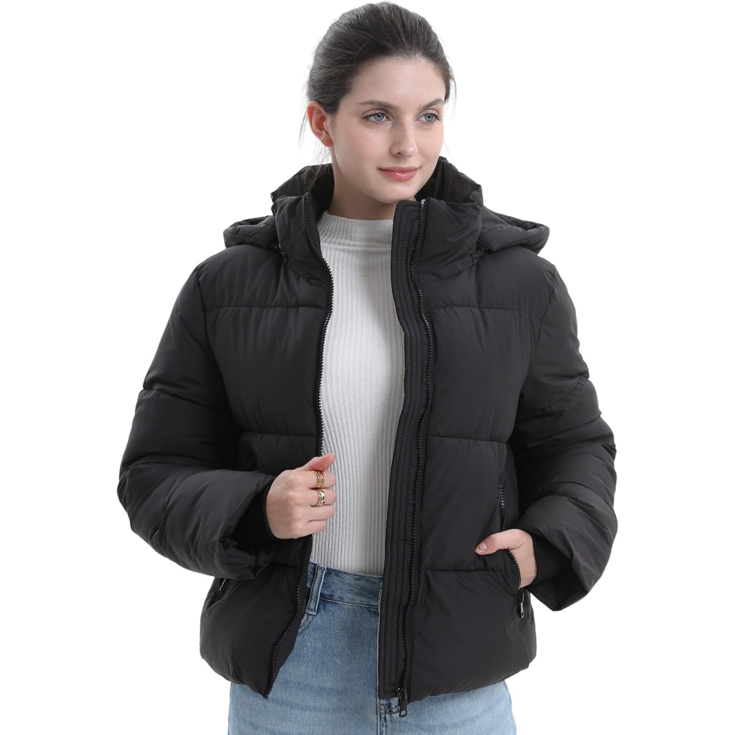Puffit Women'S Cropped Puffer Jackets,Warm Winter Jacket With Removable Hood,Zipped Pockets,Short Ladies Quilted Coat
