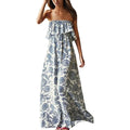 Zmpsiisa Women'S Summer Off The Shoulder Maxi Dress Ruffle Strapless Blue White Porcelain Boho Casual Loose Long Dresses